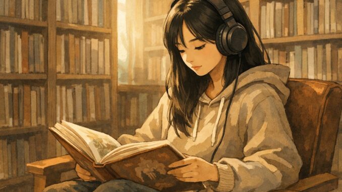 female korean student in a library